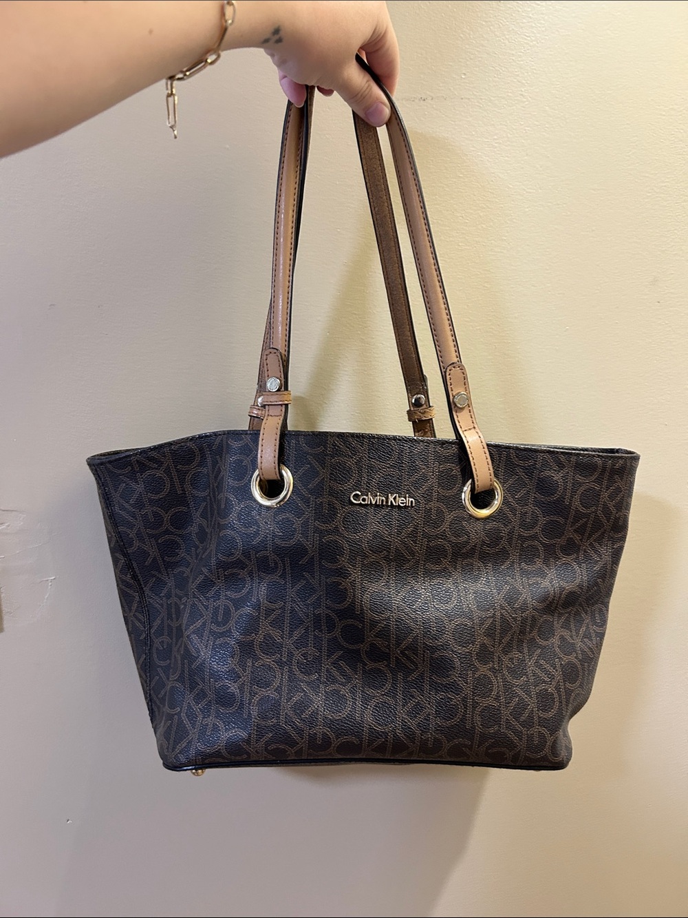 Calvin Klein Dark Brown Logo Print Tote with Tan Straps